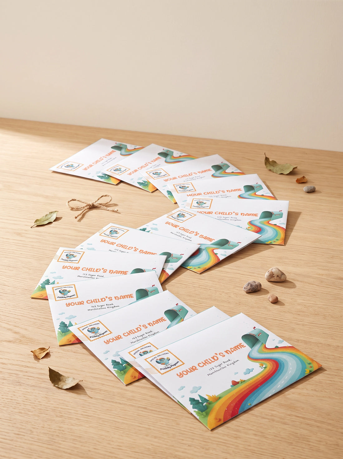 Twelve Paddy Pigeon envelopes laid out in a winding line on a table
