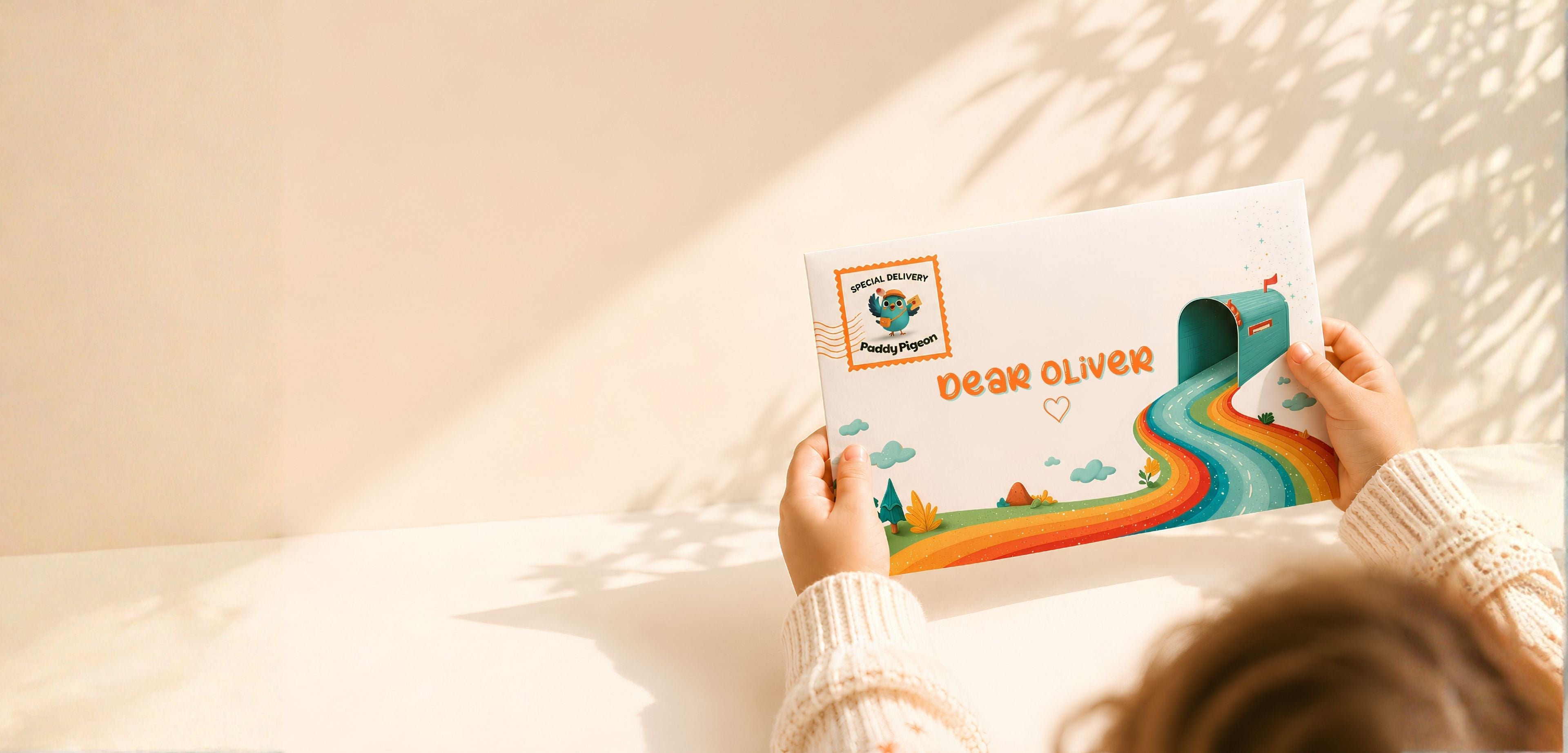 A child holding their personalised Paddy Pigeon envelope