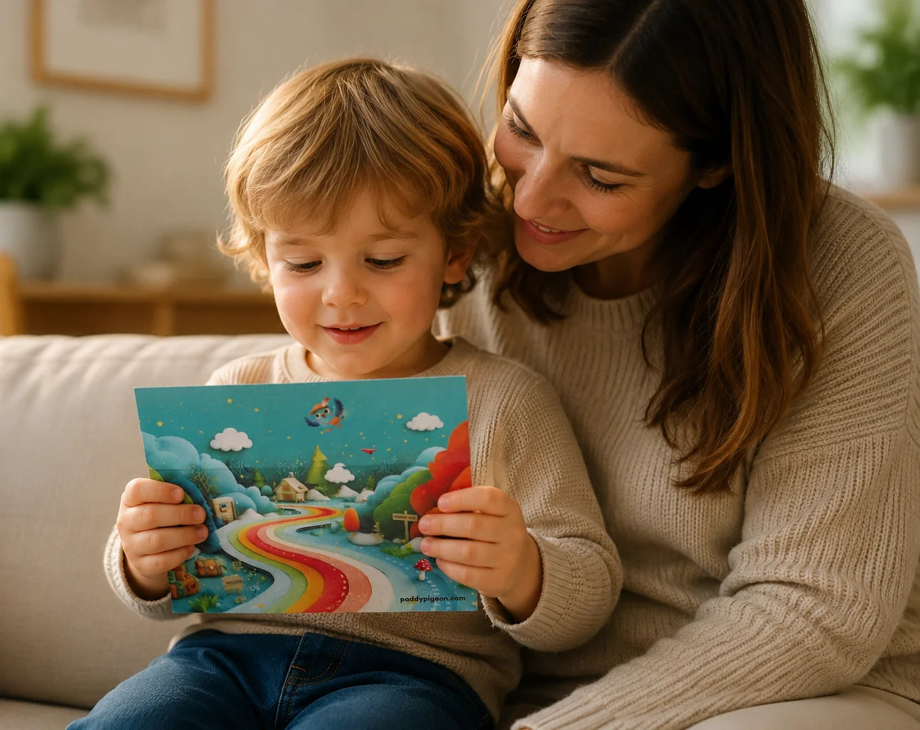 A mother and her young child sitting together on the sofa, reading a colourful Paddy Pigeon letter