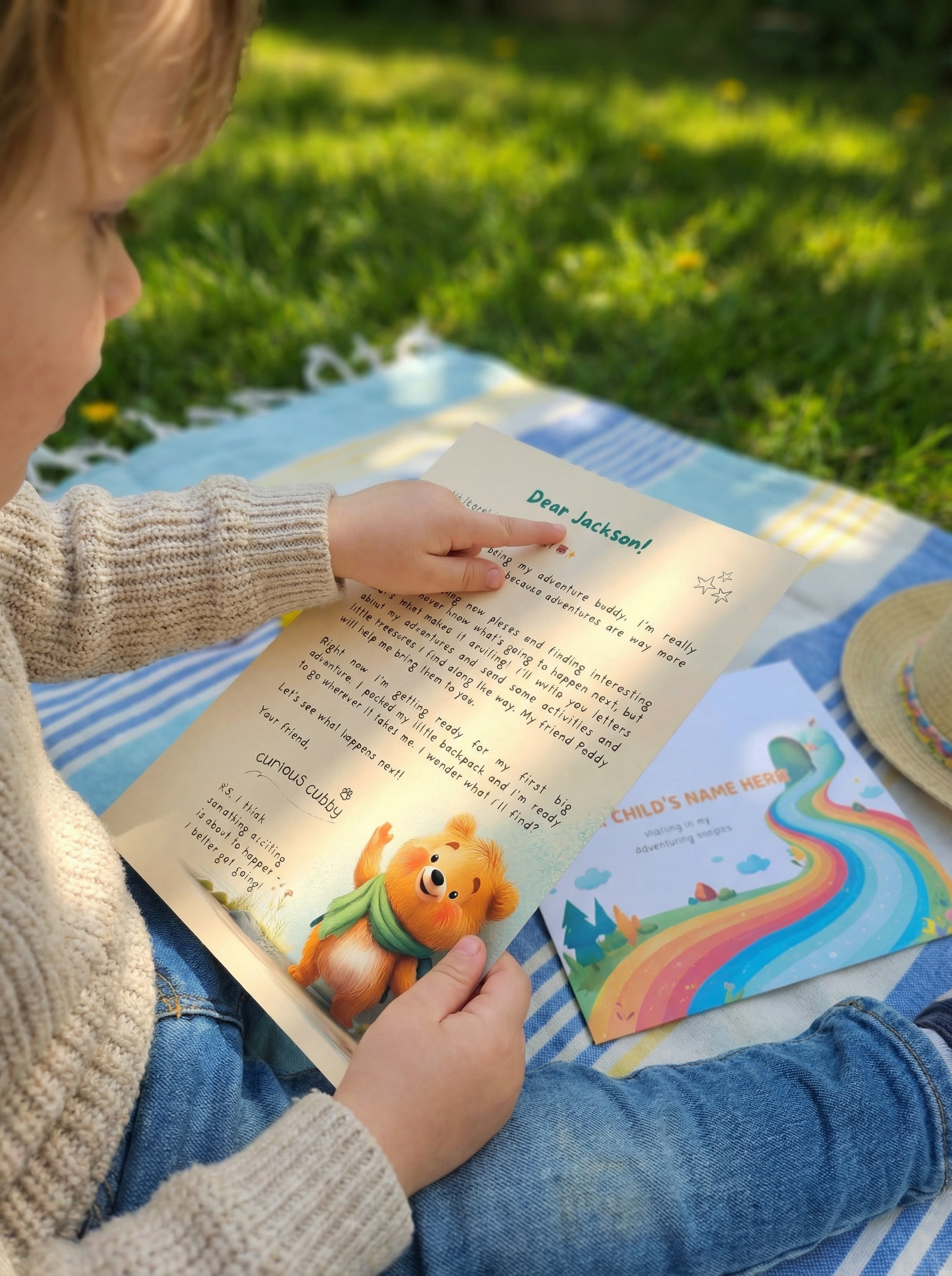 A child's hands opening an envelope addressed to them