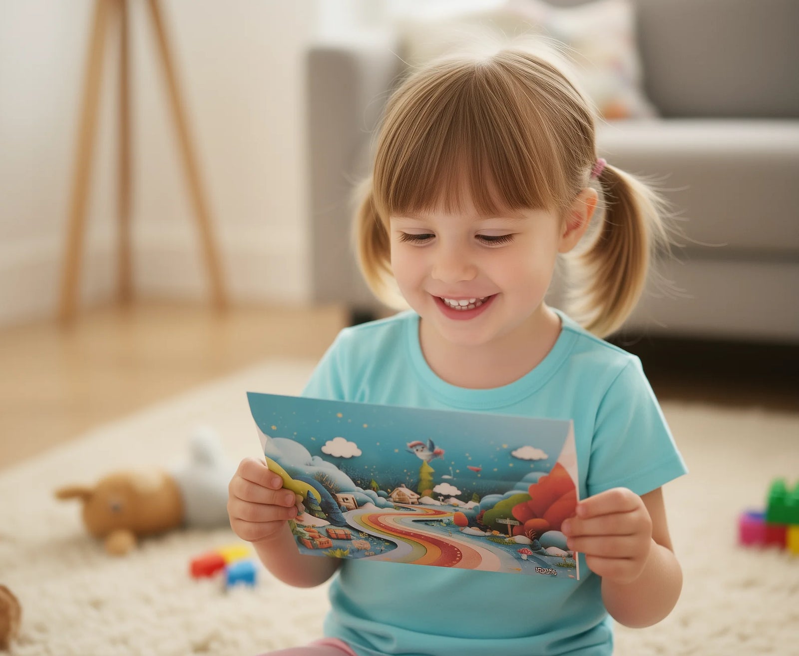 A smiling child reading their personalised Paddy Pigeon letter