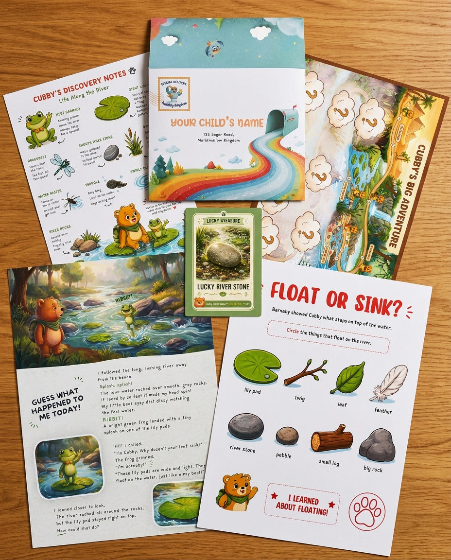 Everything that arrives: Cubby’s letter, an illustrated story, discovery notes, an explorer map, a treasure card and an activity sheet
