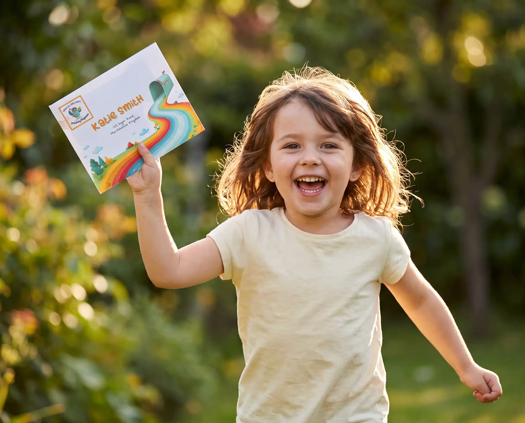 A child opening a personalised Paddy Pigeon envelope with a parent beside them