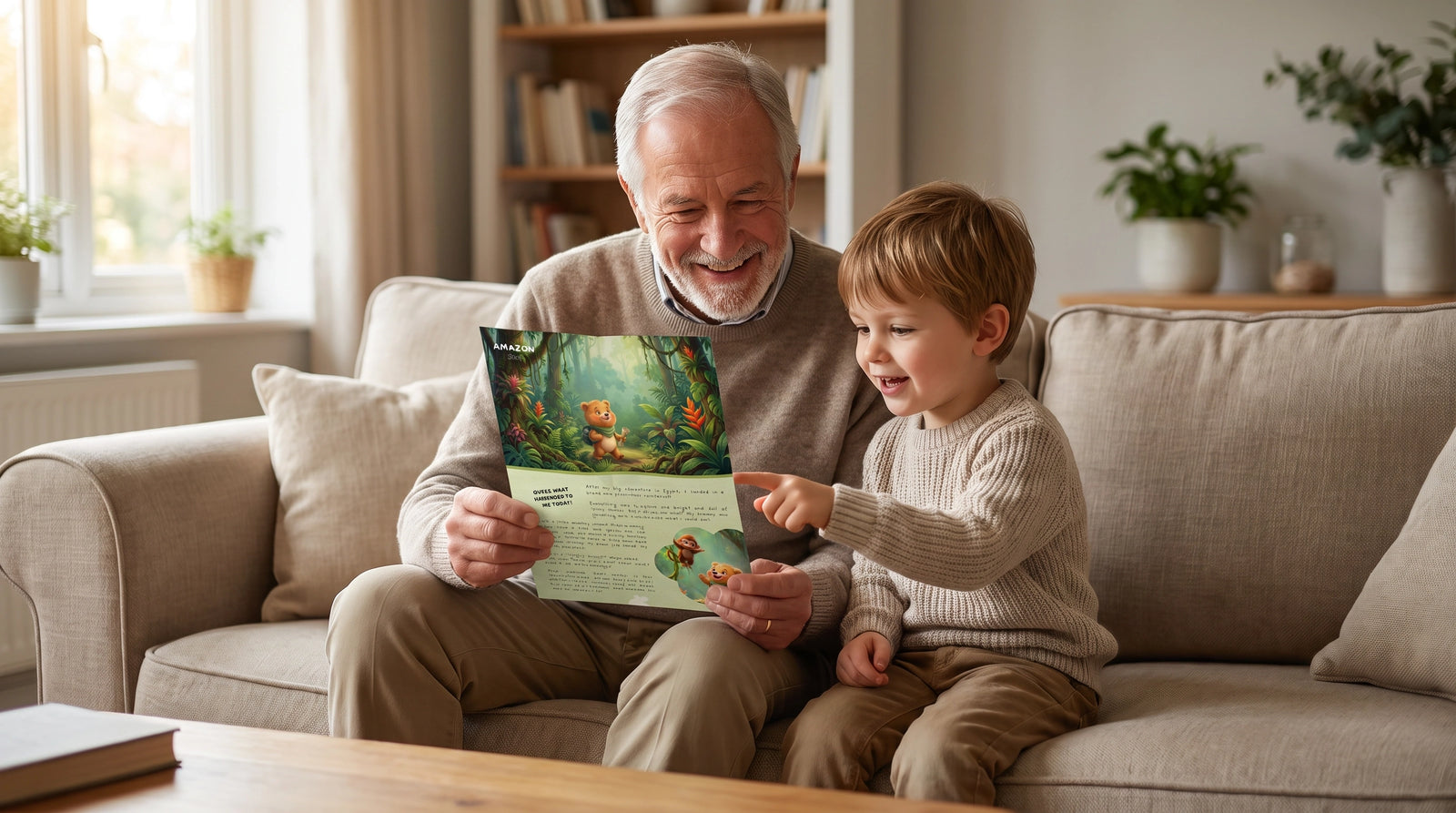 A grandmother and grandchild reading a Paddy Pigeon letter together on the sofa