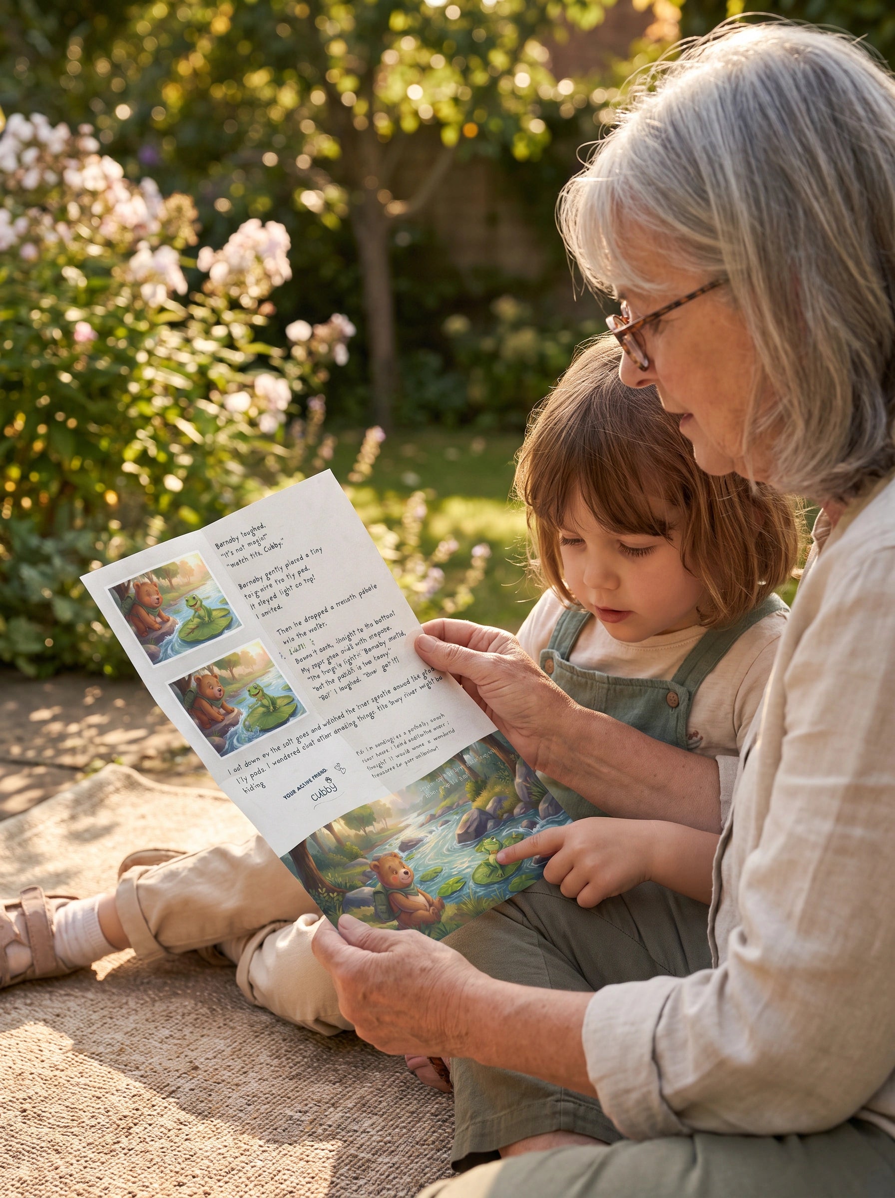 A grandparent reading a letter together with their grandchild