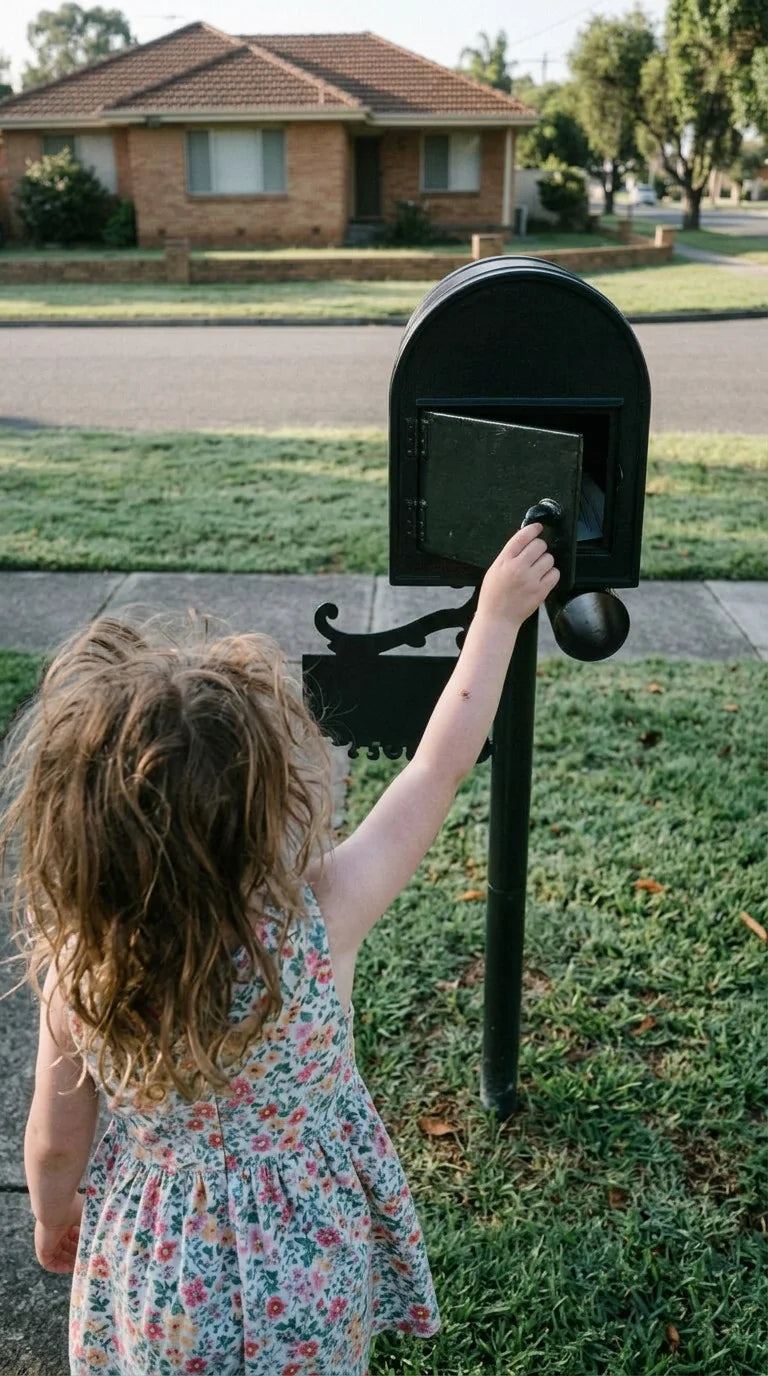A child checking the letterbox for a Paddy Pigeon envelope